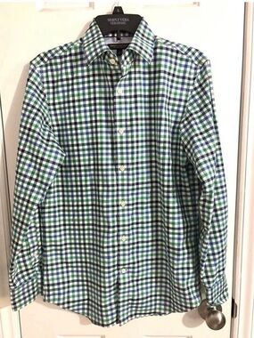 Banana Republic Non-Iron Slim Fit Plaid Button Down Shirt Men’s Small Green Blue